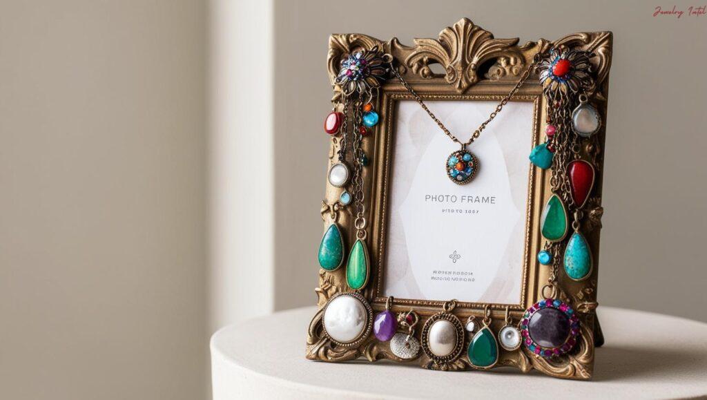 A photo frame decorated using broken jewelry