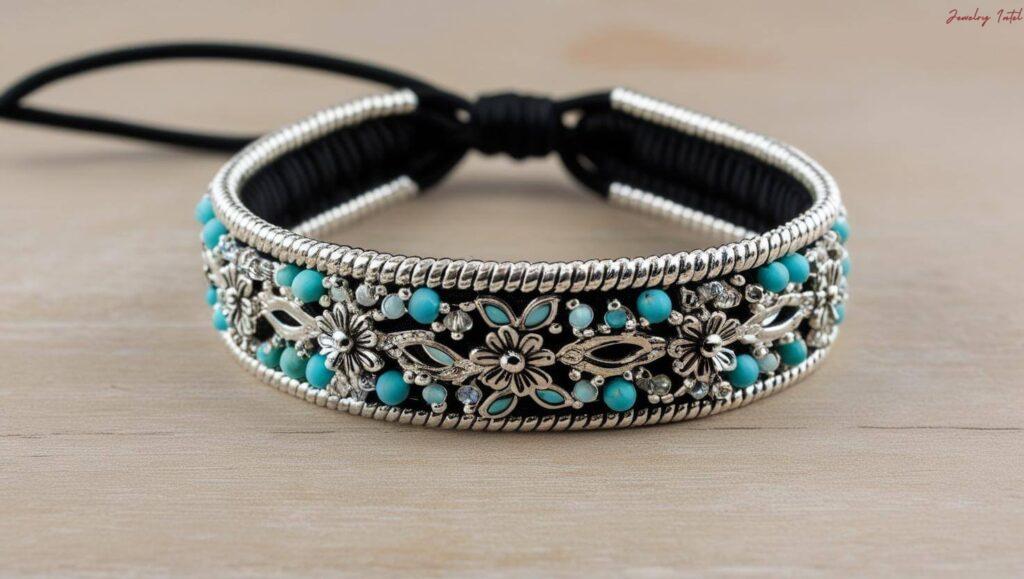 An upcycled hair tie made using a broken bracelet