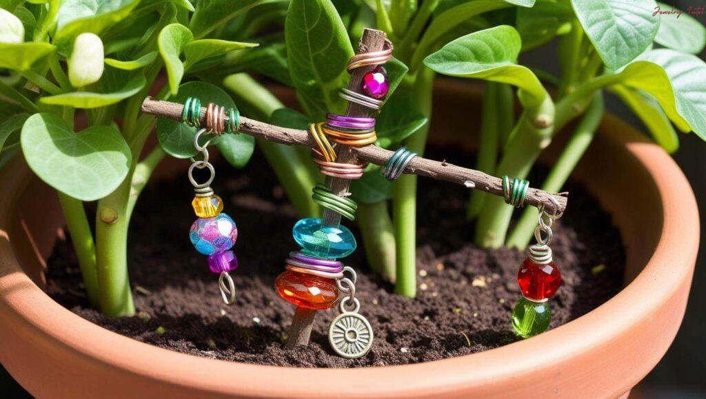 upcyling old jewelry to make a plant stake