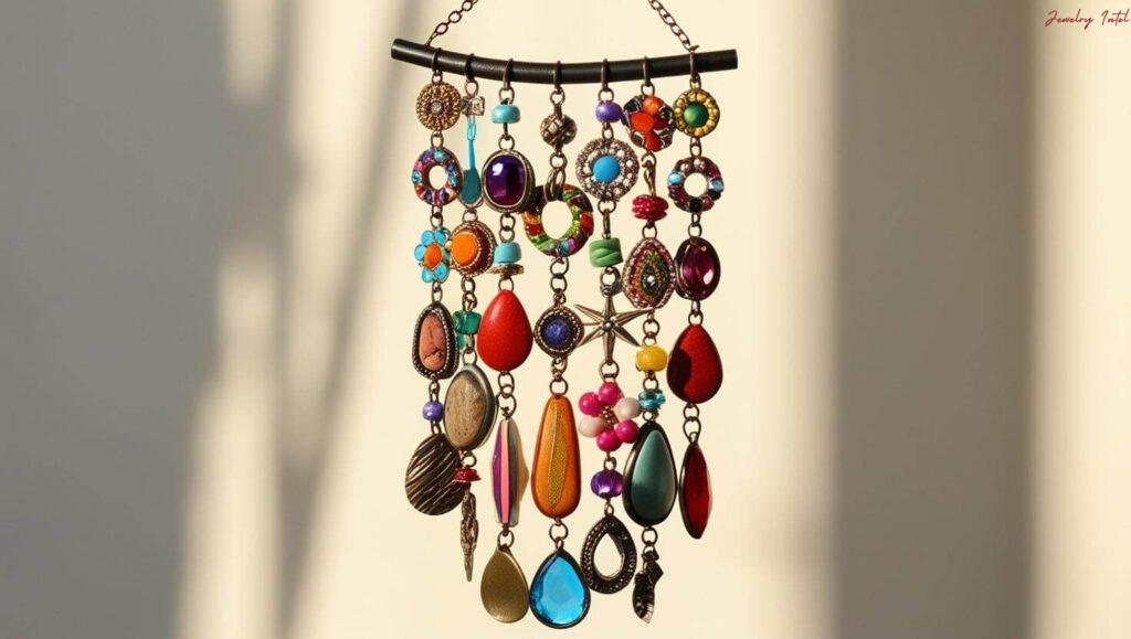An upcycled wind chime created using broken jewelry