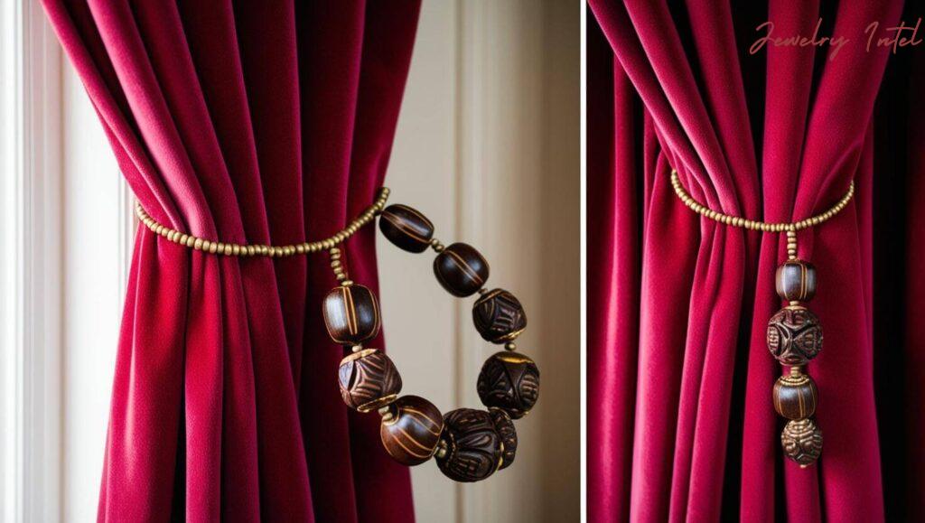 a curtain tieback created using an old necklace