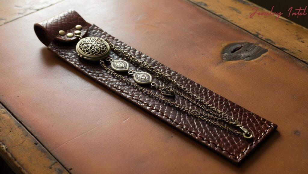 a leather bookmark created using broken jewelry
