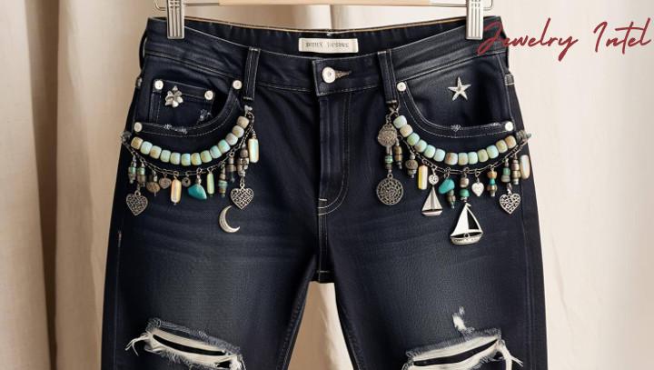jeans embellished using old necklaces and charms
