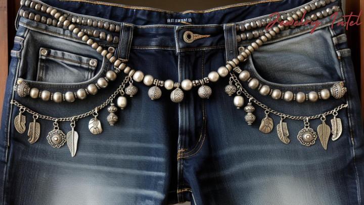 old beads and old necklaces on jeans