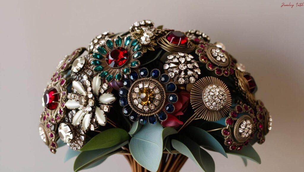 old brooches wired together to make an upcycled bouquet