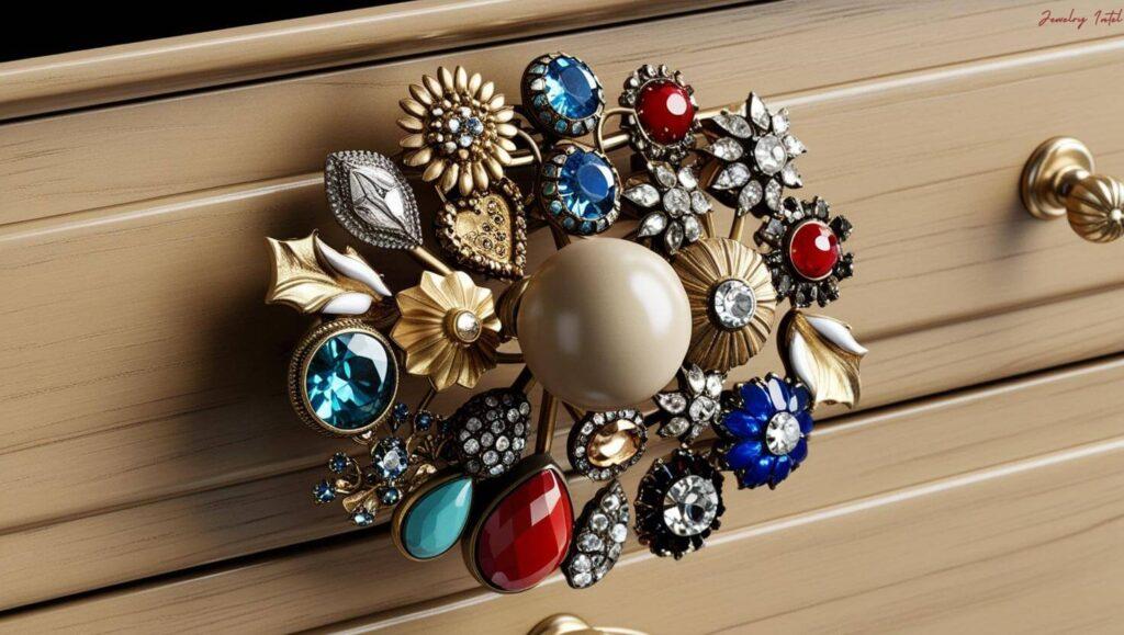 upcycled old broken earrings and necklaces to make drawer pull